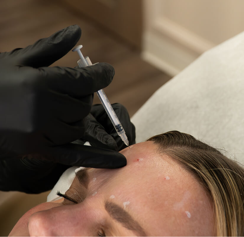 Close-up of neuromodulator injection in forehead at the symm label in Calgary