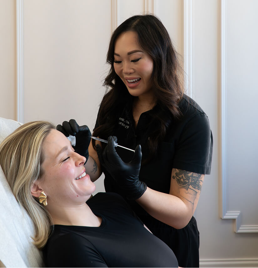 Practitioner preparing client for neuromodulator injection at the symm label in Calgary